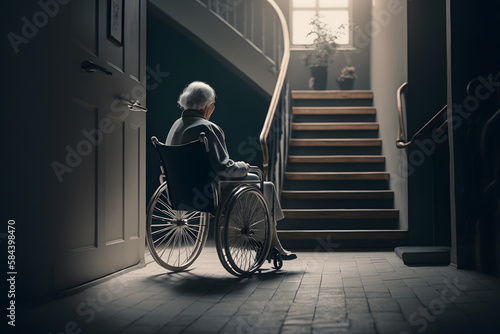 Print op canvas Old senior woman in wheelchair in front of stairs