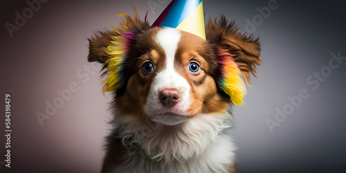 Happy dog celebrating birthday with party hat, banner background. Generation AI