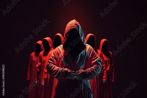 Concept devil cult ceremony, evil rite to hell. Cultists in hooded red dark background. Generation AI photo