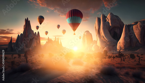 Amazing landscape in Cappadocia with colorful hot air balloon fly in sky, sunset light. Concept country Turkey travel. Generation AI