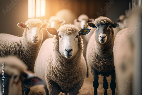 Sheep livestock farm. Happy lamb with sunlight. Agriculture industry ram banner. Generation AI © Adin