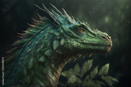 Green dragon on the background of nature  a symbol of 2024. AI generative.