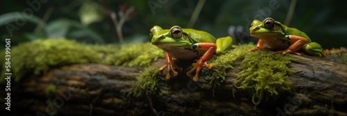 Fotografie, Tablou Beautiful header for website about wildlife and nature with beautiful close up exotic frogs sitting on mossy log in tropical forest