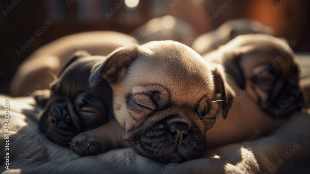Cute little pug puppies sleeping on plaid, cozy indoor bedroom background. Happy dogs having a nap. Generated with AI.