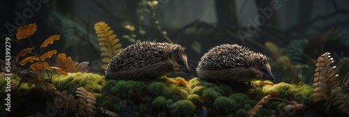 Cute close up hedgehogs in beautiful wild forest nature outdoor background. Horizontal wide illustration, web banner template. Generated with AI. © Sunny_nsk