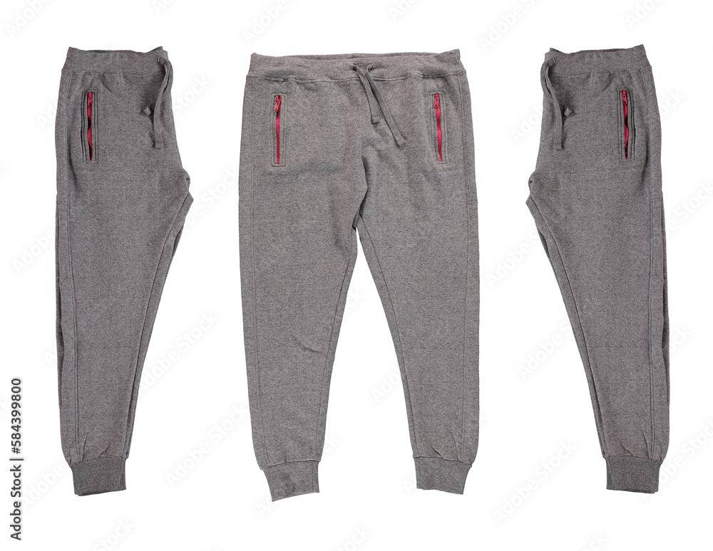 Pants folded in half. Warm gray pants with red zippers. Isolated image on a white background. Nobody. Pants folded in half. Warm gray pants with red zippers. Isolated image on a white background. Nobody.
