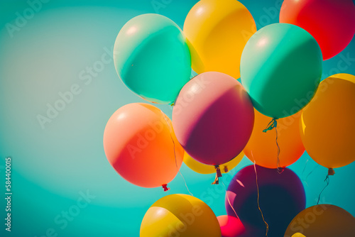 Bunch of balloons floating in the air with blue sky in the back ground. Generative AI.