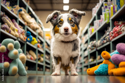 Dog is standing in the middle of store aisle with stuffed animals. Generative AI.