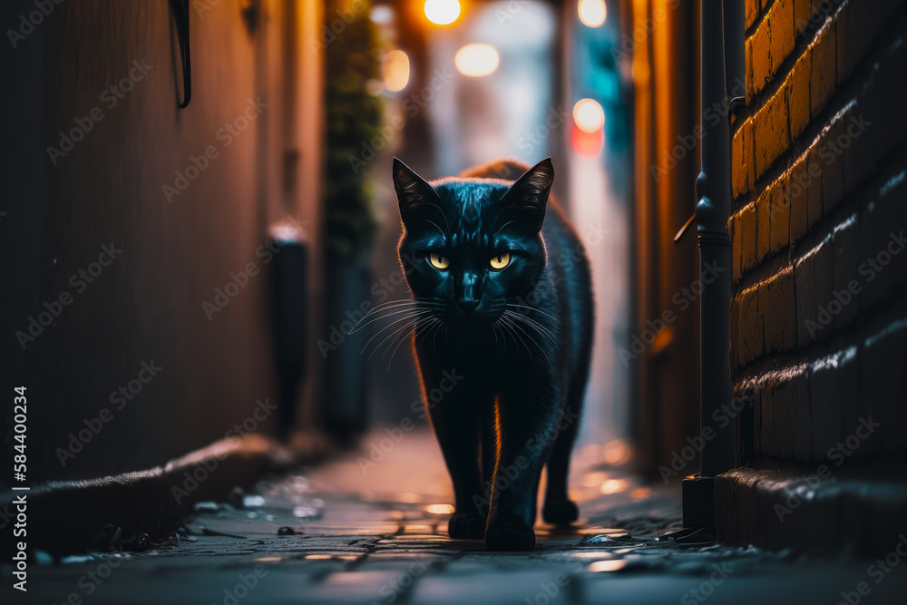 Black cat is walking down dark alley way with its glowing eyes glowing ...