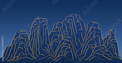 Mountains landscape abstract background. Traditional Asian style vector illustration. Hand drawn line art. Design concept for Mid Autumn Festival, Chinese New Year backdrop, card, poster, banner