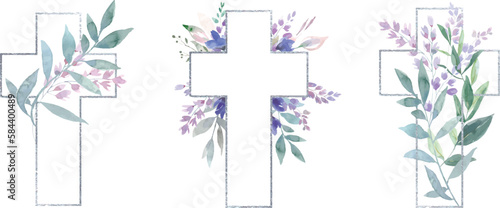 Vector Watercolor Easter cross clipart. Floral crosses illustration, Easter painted cross, Christian vector Cross made of green leaves and roses. PNG crosses, Festive Holidays, spring.