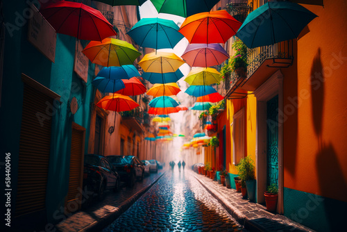 Group of colorful umbrellas hanging from the ceiling of alleyway in city. Generative AI. © valentyn640