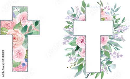 Vector Watercolor Easter cross clipart. Floral crosses illustration, Easter painted cross, Christian vector Cross made of green leaves and roses. PNG crosses, Festive Holidays, spring.