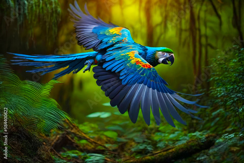 Blue and yellow bird flying through forest filled with trees and plants. Generative AI.