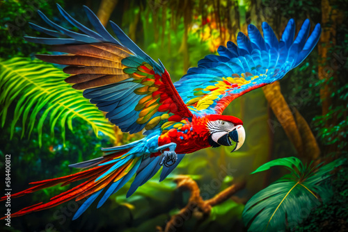 Colorful parrot flying in the air over forest filled with palm trees. Generative AI.