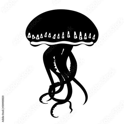 Jellyfish vector icon. Cartoon black icon isolated on white background. Beautiful silhouette for tattoo design, festive card, fashion ornaments, logo, children, pattern. Vector illustration.