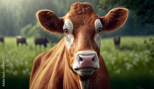 cow at green field portrait new quality stock image animal illustration desktop wallpaper design, Generative AI