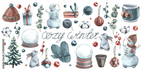 New Year's set of watercolor illustrations COZY WINTER with a snowman, gifts, a snow globe, a Christmas tree and knitted items. For the design and design of postcards, posters, prints, stickers