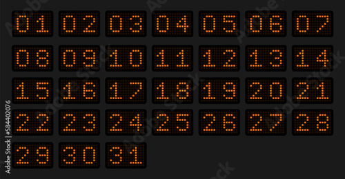 Numbers from 1 to 31 for a calendar or sports event in the form of an electronic scoreboard in a orange glow