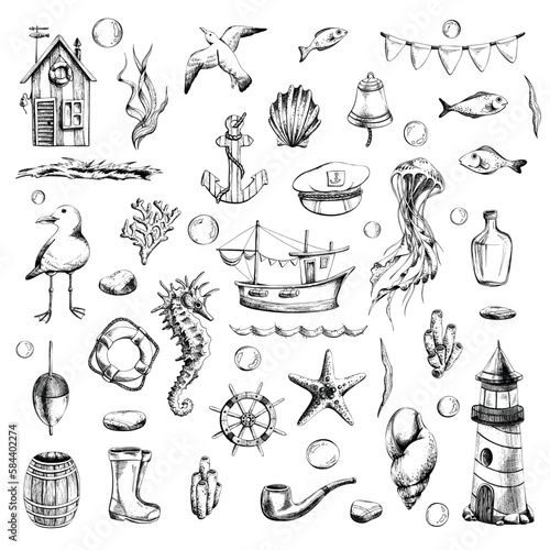 Nautical set with ship, lighthouse, underwater animals and various elements. Black and white hand-drawn illustration in graphic technique. Isolated, vector objects. in EPS format. For design.