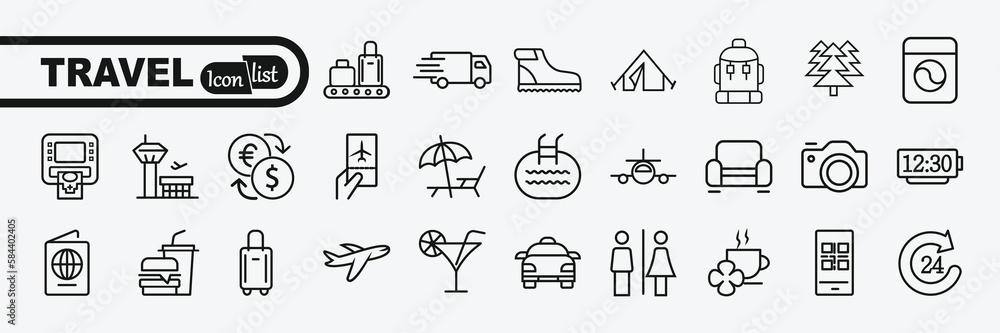 Fototapeta premium Simple Set of Travel Related Vector Line Icons. 