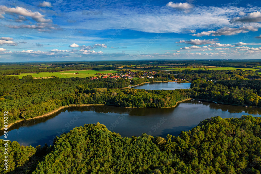 Aerial shot of beautiful lake surrounded by forest in a calm autumn day. Germany.