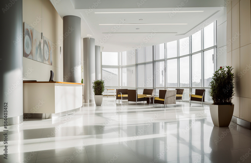 Fototapeta premium Generative AI illustration of a medical clinic waiting room with modern furniture and natural light coming through the window