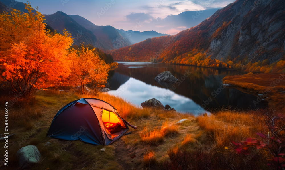 Amazing autumn picturesque landscape with a tourist tent. Peaceful lake in the mountains and orange plants around. Cozy beautiful fall season. Generative AI.
