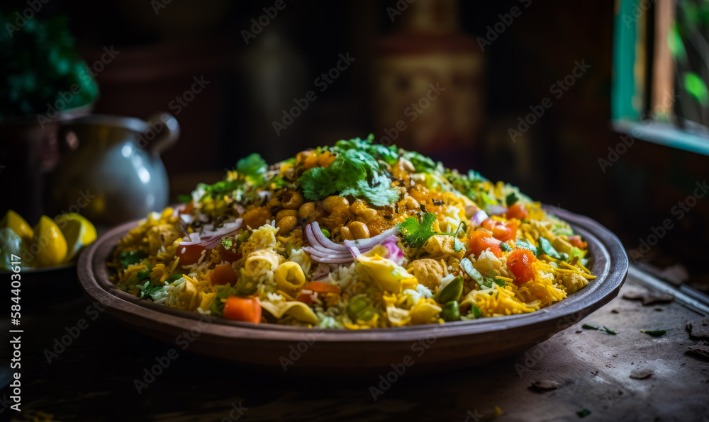 A big dish of tasty rice with vegetables and herbs. Healthy dinner concept, home made cuisine. Close up. Generative AI. A big dish of tasty rice with vegetables and herbs. Healthy dinner concept, home made cuisine. Close up. Generative AI.