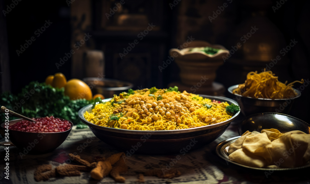 Rustic homemade dinner on the table laid with cloth. Family meals of few dishes. Close up. Generative AI. Rustic homemade dinner on the table laid with cloth. Family meals of few dishes. Close up. Generative AI.
