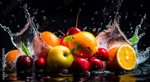 Water splashes among the ripe fresh fruit. Juicy berries and fruit at black backdrop. Generative AI.