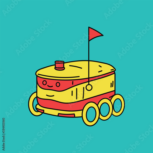 A cartoon of a robot food delivery icon flat design Vector illustration. Food safe and good delivered by robot.