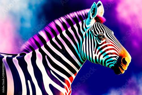 Colorful abstract zebra on a watercolor background. Generative AI.