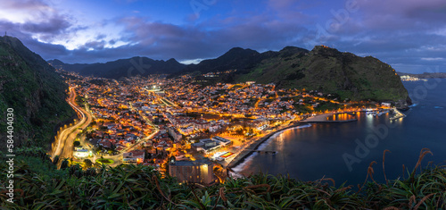 Panoramic view over Machico in Madeira island, Portugal. Night cityscape