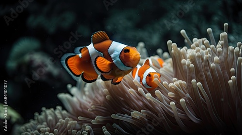 Fényképezés A pair of clownfish swimming in and out of an anemone