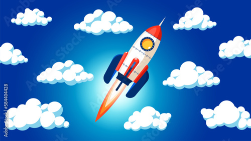 Fototapeta Naklejka Na Ścianę i Meble -  Rocket flying into the sky through the clouds. Vector cartoon illustration.