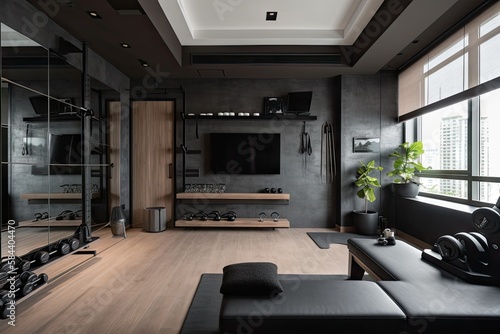 A spacious and functional home gym with rubberized flooring, a set of free weights, and a wall - mounted TV photo