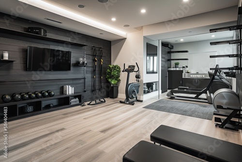 A spacious and functional home gym with rubberized flooring, a set of free weights, and a wall - mounted TV
