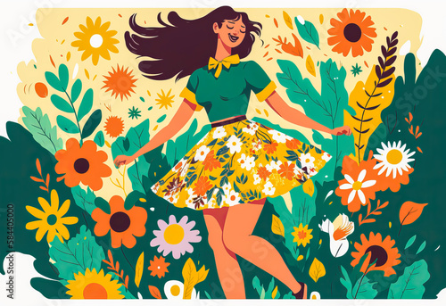 Optimistic illustration of a woman in a mini skirt joyfully spinning in a flower-filled field. Perfect for campaigns that celebrate body positivity and self-expression. Generative AI