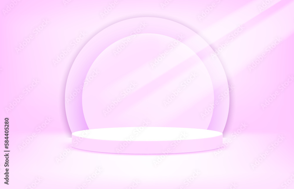 Bright pink interior scene with round pedestal and light of the window. 3d vector Bright pink interior scene with round pedestal and light of the window. 3d vector