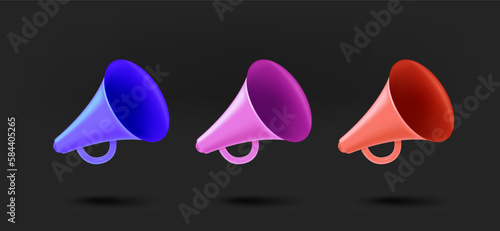 Color megaphone icons collection. 3d vector isolated on black background