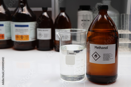 Methanol in glass,Hazardous chemicals and symbols on containers in industry