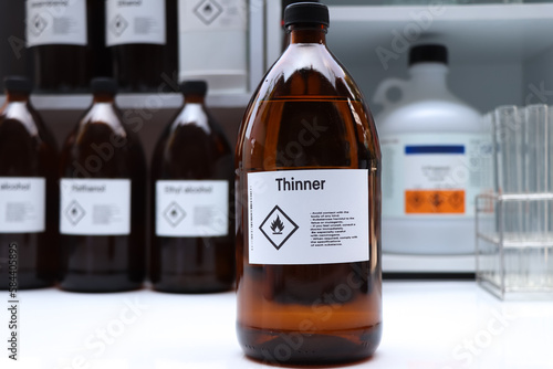 Thinner in glass,Hazardous chemicals and symbols on containers in industry