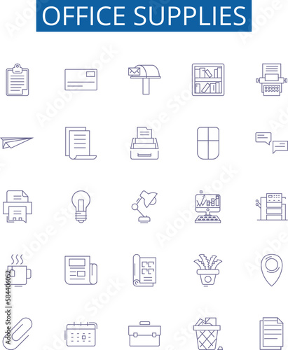 Office supplies line icons signs set. Design collection of Stationery, Pens, Envelopes, Paper, Notepads, Files, Calendars, Staplers outline concept vector illustrations