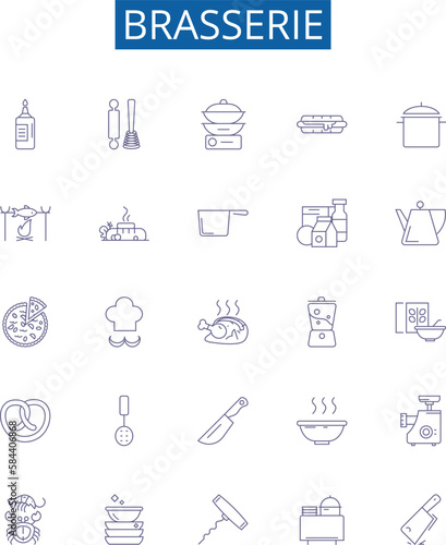 Brasserie line icons signs set. Design collection of Brewery, Bistro, Gastropub, Pub, Winebar, Ales, Lagers, Hops outline concept vector illustrations