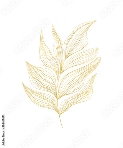 Luxury art background with golden tropical leaf in line style. Botanical poster for decoration, interior design, textile, packaging