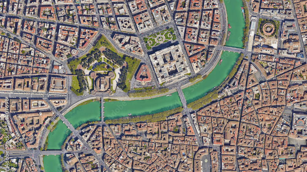 City of Rome, looking down aerial view from above Castle Sant Angelo - Bird’s eye view Tiber River and Rome, Italy