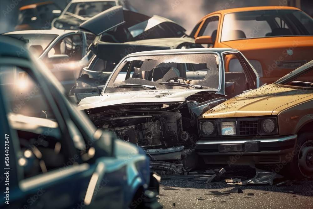 Damaged in heavy car accident vehicles after collision on city street crash site Generative AI