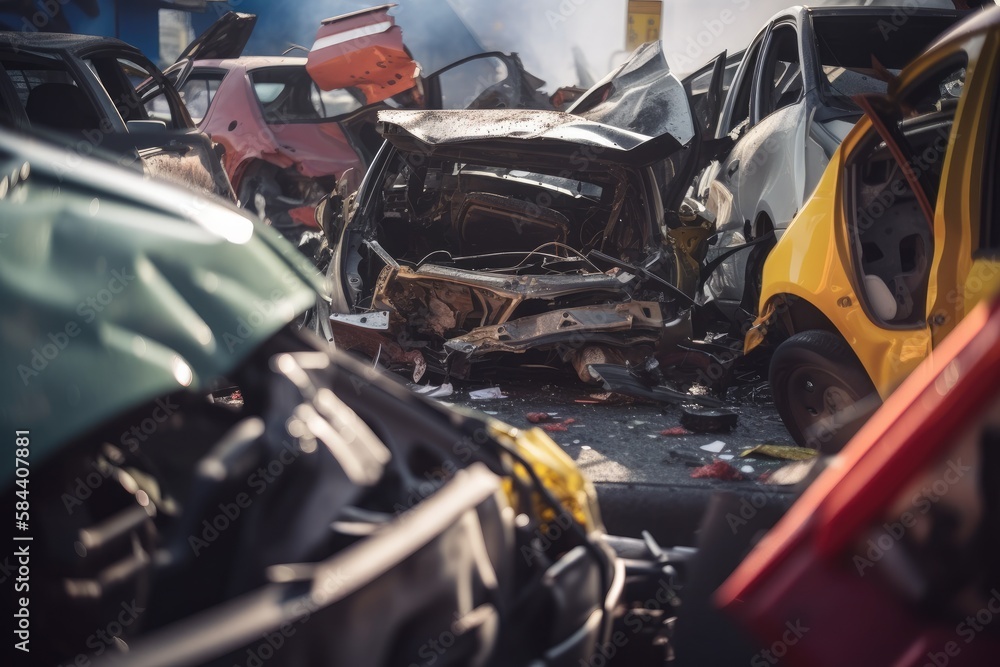Damaged in heavy car accident vehicles after collision on city street crash site Generative AI Damaged in heavy car accident vehicles after collision on city street crash site Generative AI