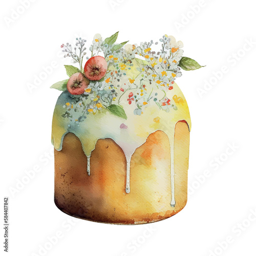 Easter kulich cake hand-drawn watercolor. Vectorized watercolor drawing.